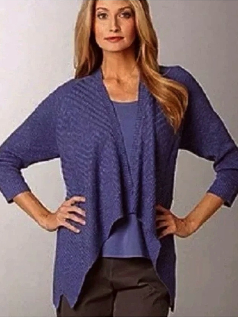 Eileen Fisher Linen Cotton Slub Knit Open Front Cardigan Blue Purple LP